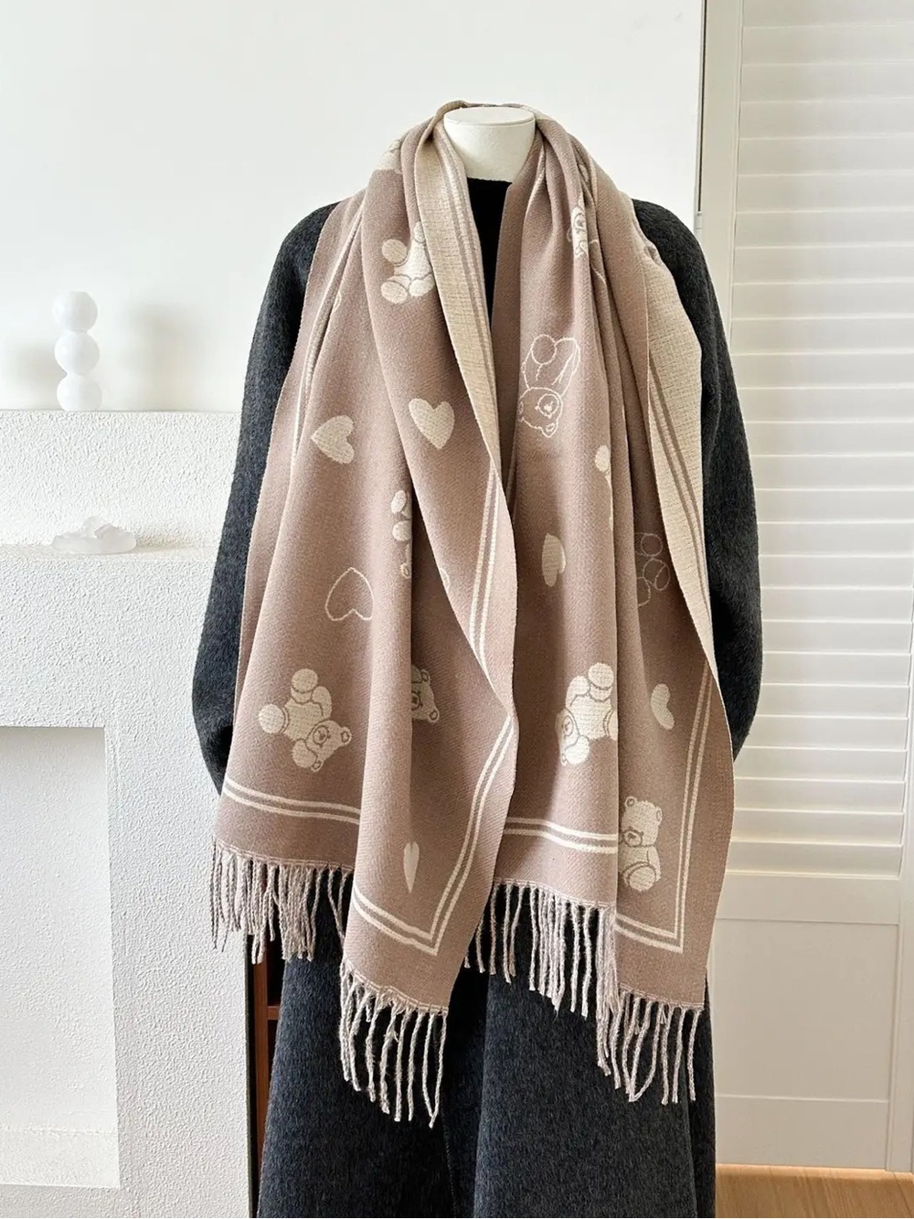 Soft Taupe Teddy Heart Fringe Scarf - Unbranded, Reversible 72 x 25 inches NWOT